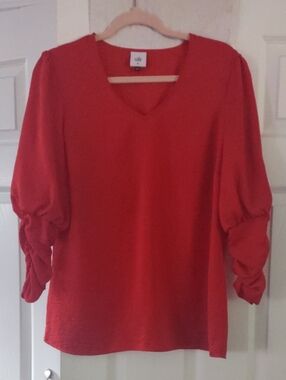 cabi Crimson V-Neck Ruched Sleeve Blouse Size Medium